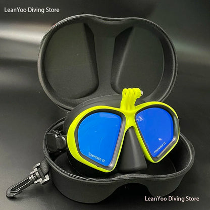 Professional Low Volume Scuba Mask with Camera Holder Mirror Tempered Glass Diving Glasses Pack In Black Zipper Box