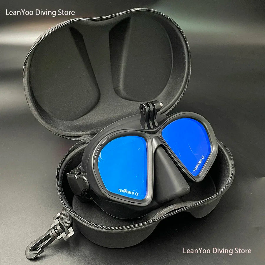 Professional Low Volume Scuba Mask with Camera Holder Mirror Tempered Glass Diving Glasses Pack In Black Zipper Box