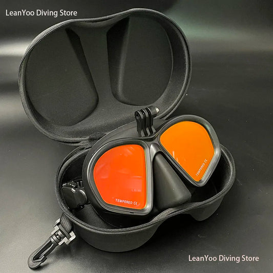 Professional Low Volume Scuba Mask with Camera Holder Mirror Tempered Glass Diving Glasses Pack In Black Zipper Box